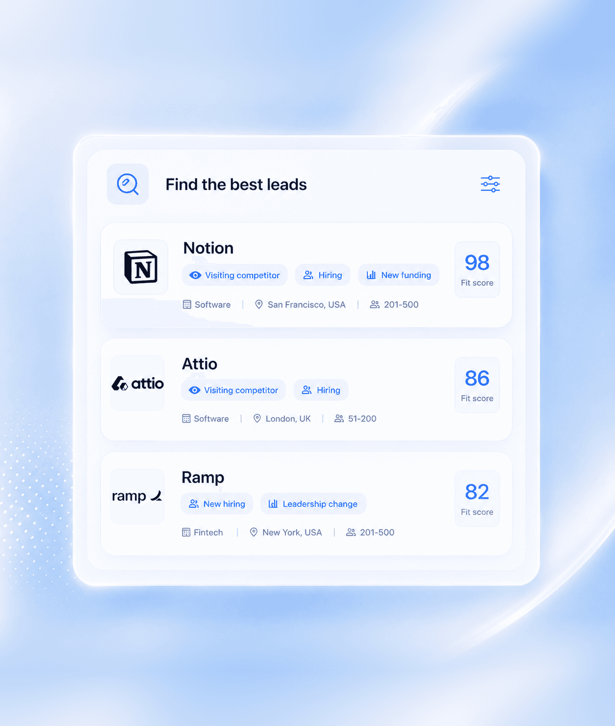Lead finder showing ICP fit scores and buying signals for Notion, Attio, and Ramp