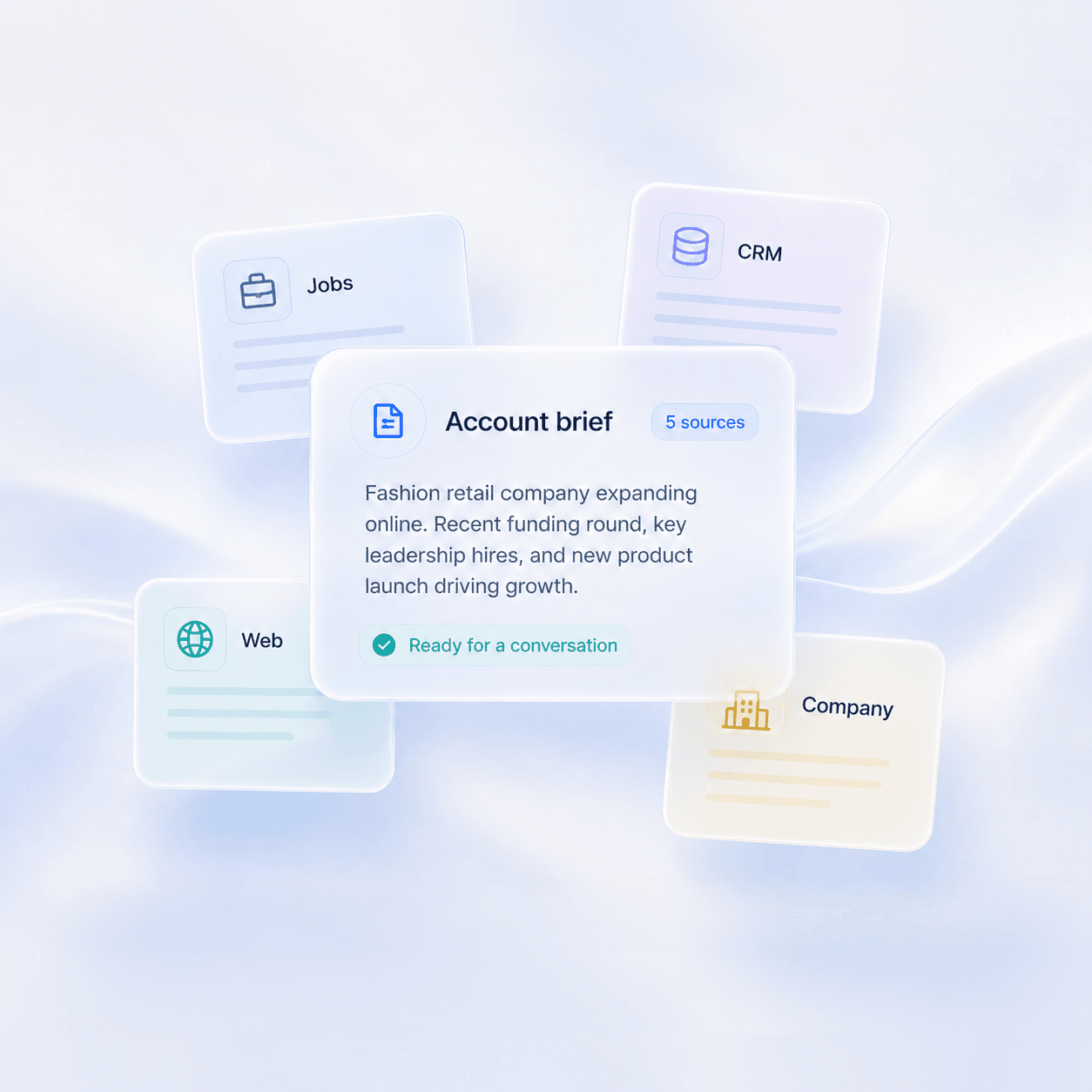 Minimal iridescent account brief surrounded by source evidence cards