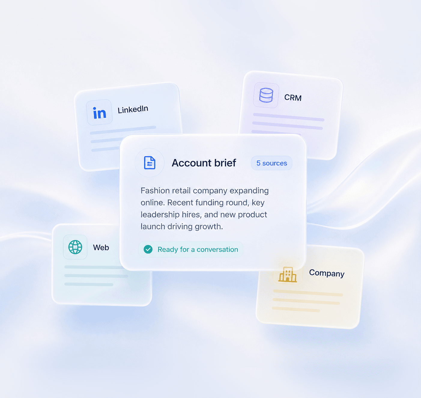 Minimal iridescent account brief surrounded by source evidence cards