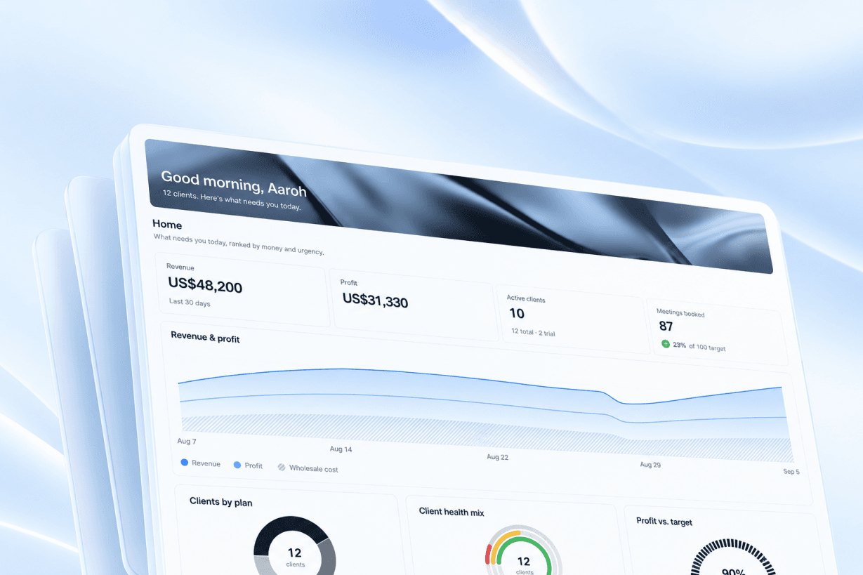 Client portfolio dashboard with revenue, profit, and workspace metrics